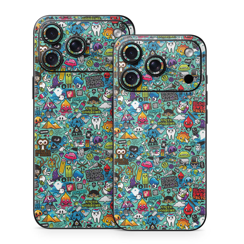 iPhone 18 Series Skin design of Cartoon, Art, Pattern, Design, Illustration, Visual arts, Doodle, Psychedelic art, with black, blue, gray, red, green colors