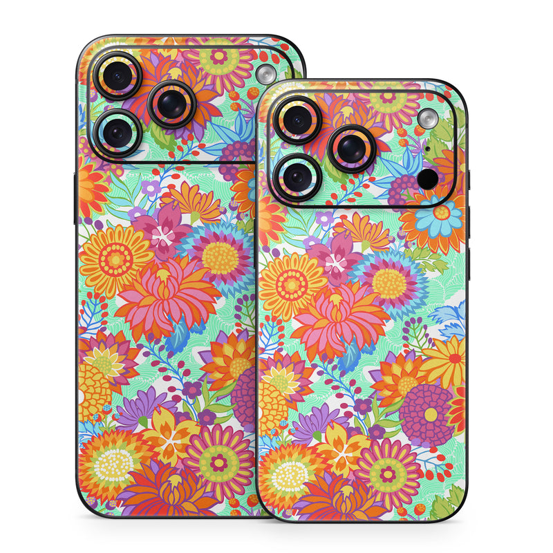 iPhone 18 Series Skin design of Pattern, Floral design, Orange, Flower, Design, Textile, Plant, Wildflower, Wrapping paper, Visual arts, with gray, orange, green, purple colors