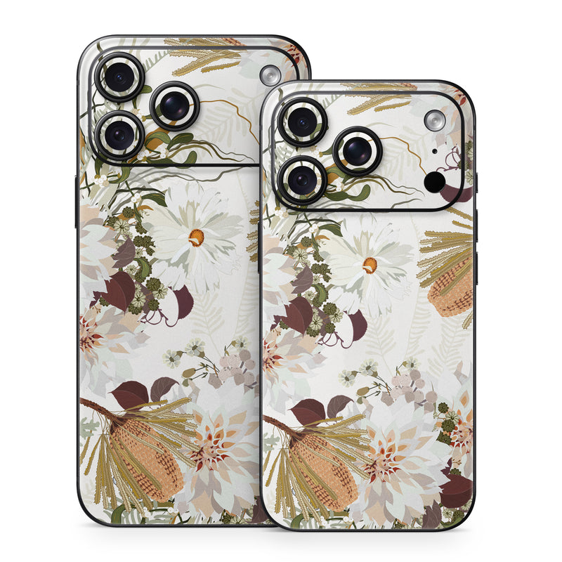iPhone 18 Series Skin design of Flower, Botany, Plant, Floral design, Wildflower, Pattern, Wallpaper, Textile, Petal, Butterfly, with white, brown, green, gray colors