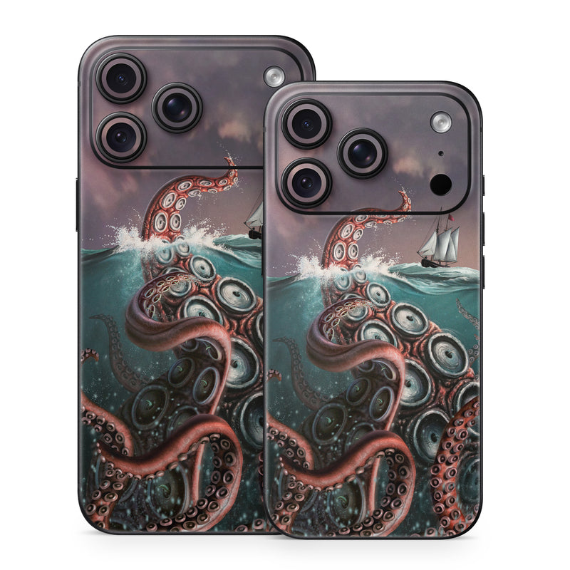 iPhone 18 Series Skin design of Octopus, Water, Illustration, Wind wave, Sky, Graphic design, Organism, Cephalopod, Cg artwork, giant pacific octopus, with blue, gray, white, brown, red colors