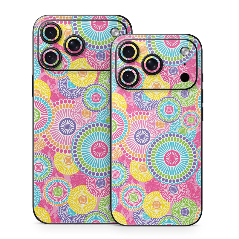 iPhone 18 Series Skin design of Pattern, Circle, Textile, Design, Visual arts, Wrapping paper, with gray, pink, purple, orange, blue, green colors