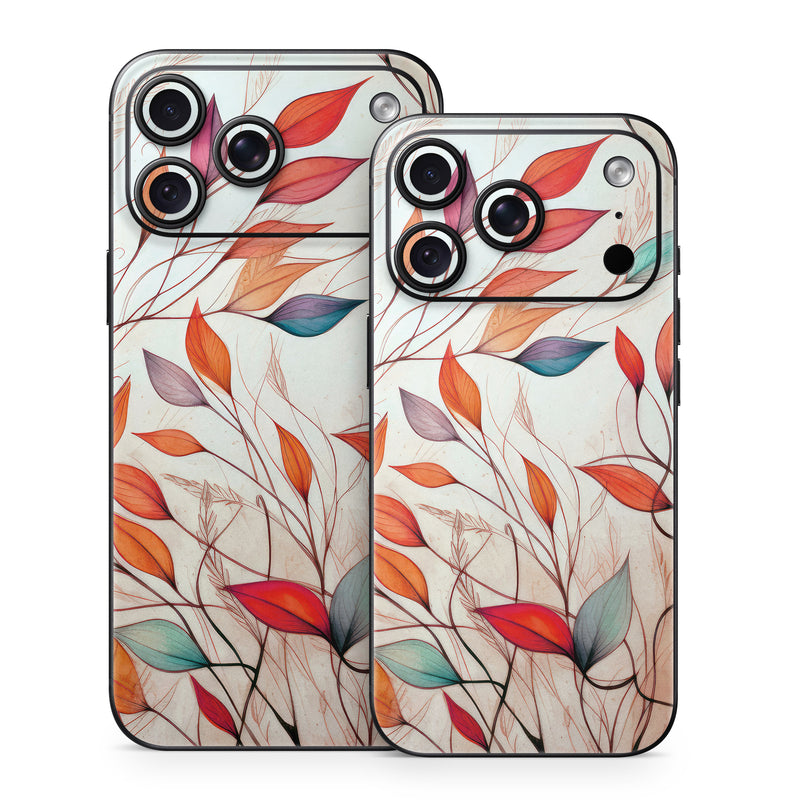 iPhone 18 Series Skin design of Plant, Vertebrate, Art paint, Nature, Botany, Leaf, Branch, Twig, Textile, Orange, with yellow, orange, red, white, brown, blue colors