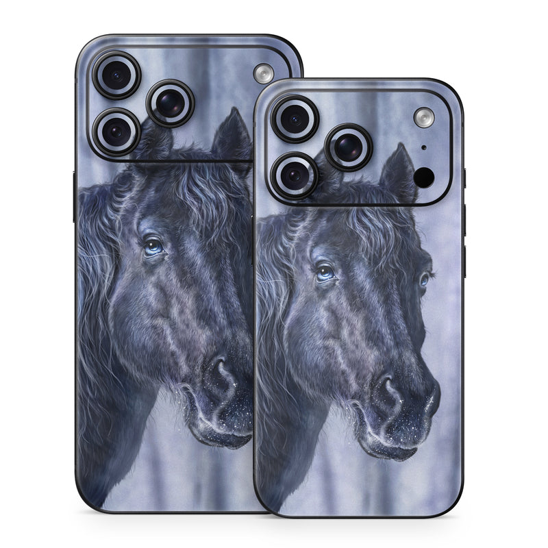 iPhone 18 Series Skin design of Horse, Mammal, Vertebrate, Hair, Mane, Stallion, Snout, Mare, Mustang horse, Livestock, with black, white, blue colors