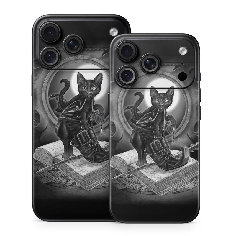 iPhone 18 Series Skin design of Cat, Boot, Book, Wand, Shoelace, Mirror, with black, white, gray colors