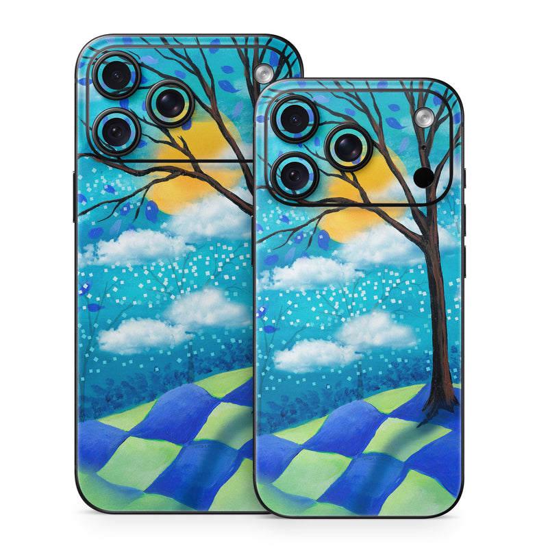 iPhone 18 Series Skin design of Natural landscape, Nature, Blue, Tree, Sky, Branch, Spring, Woody plant, Plant, Leaf, with blue, gray, black, purple, green colors