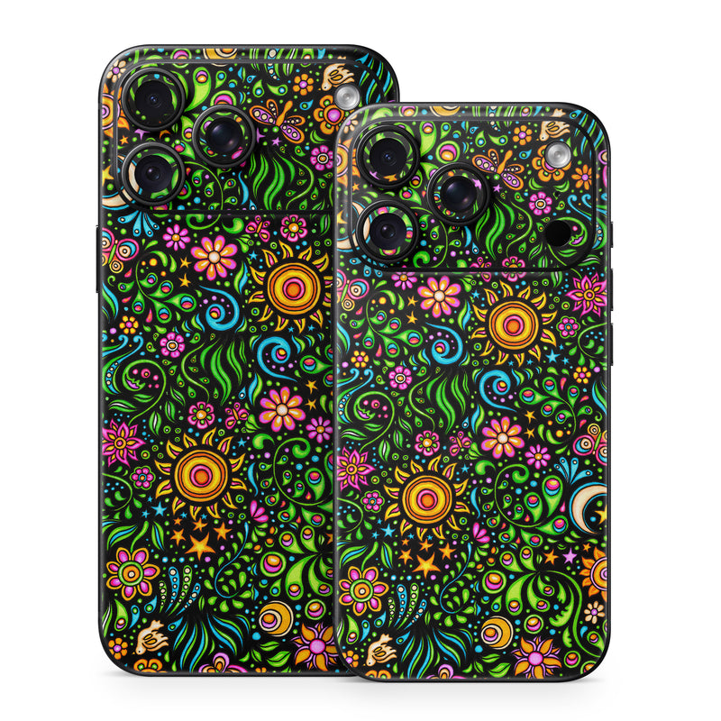 iPhone 18 Series Skin design of Pattern, Psychedelic art, Visual arts, Art, Design, Motif, Organism, Circle, Textile, Plant, with black, red, green, blue, purple colors