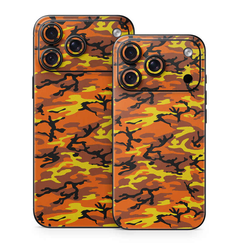 iPhone 18 Series Skin design of Military camouflage, Orange, Pattern, Camouflage, Yellow, Brown, Uniform, Design, Tree, Wildlife, with red, green, black colors