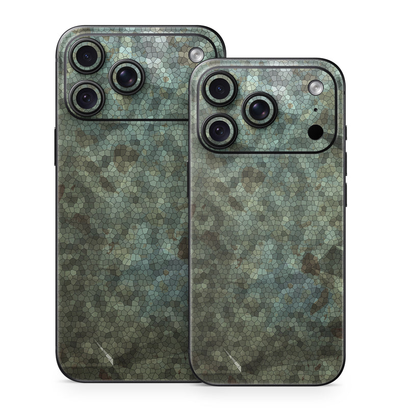 iPhone 18 Series Skin design of Green, Pattern, Brown, Wall, Design, Rock, Geology, Camouflage, Granite, Metal, with black, brown, blue, gray, white colors