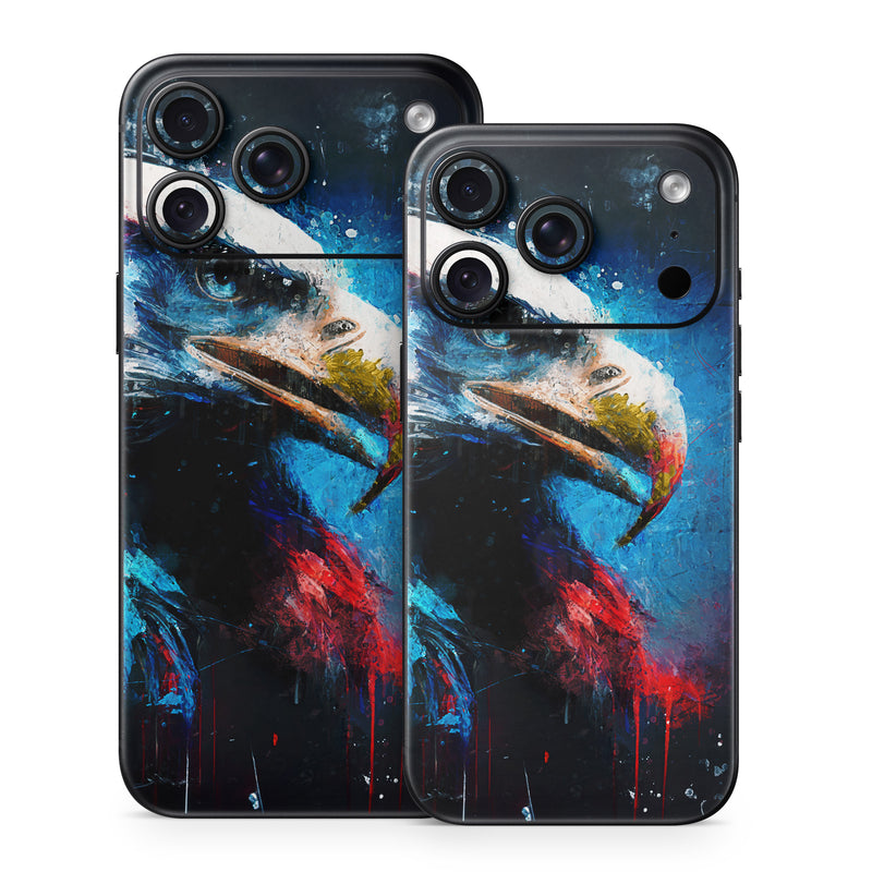 iPhone 18 Series Skin design of Bird, Beak, Organism, Art, Feather, Paint, Painting, Accipitridae, Bird of prey, Electric blue, with blue, red, white, black, gray, yellow colors
