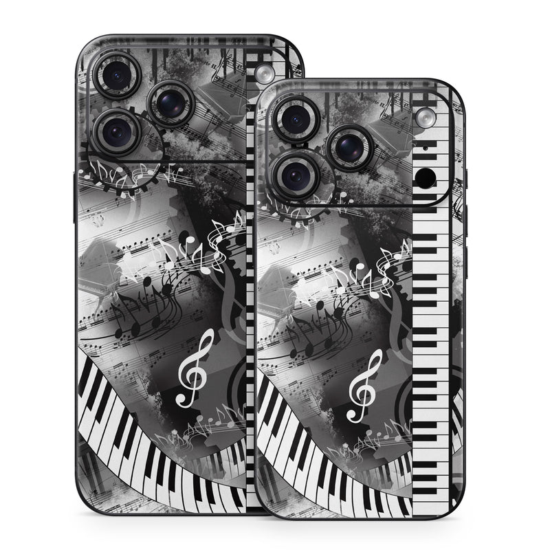 iPhone 18 Series Skin design of Music, Monochrome, Black-and-white, Illustration, Graphic design, Musical instrument, Technology, Musical keyboard, Piano, Electronic instrument, with black, gray, white colors