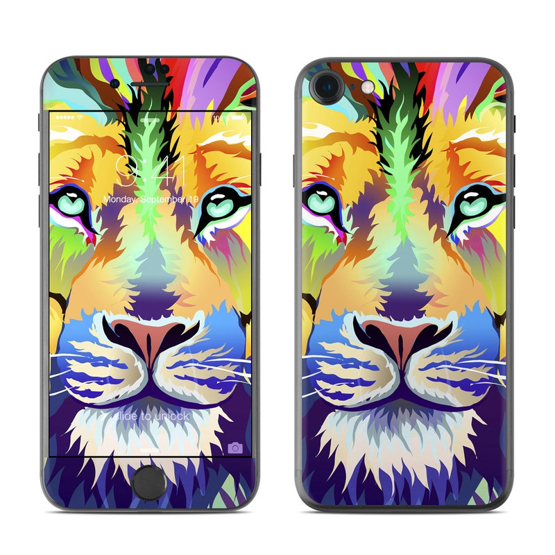 iPhone 7 Skin design of Bengal tiger, Felidae, Lion, Wildlife, Big cats, Tiger, Carnivore, Art, Illustration, Painting with orange, yellow, green, red, pink, blue, purple colors