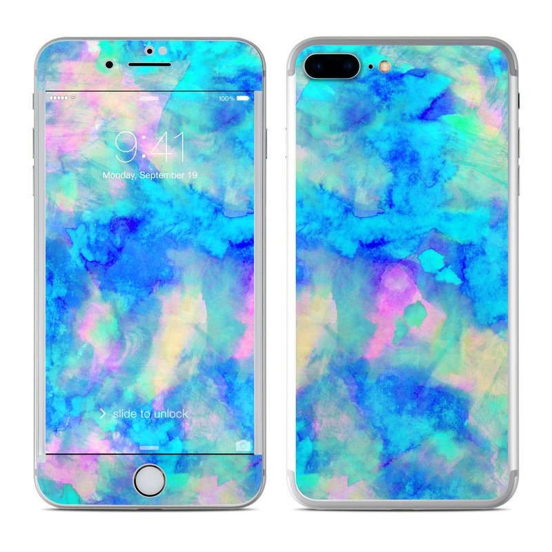 iPhone 7 Plus Skin design of Blue, Turquoise, Aqua, Pattern, Dye, Design, Sky, Electric blue, Art, Watercolor paint, with blue, purple colors