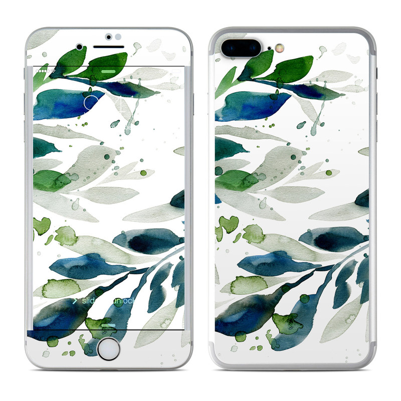 iPhone 7 Plus Skin design of Leaf, Branch, Plant, Tree, Botany, Flower, Design, Eucalyptus, Pattern, Watercolor paint, with white, blue, green, gray colors