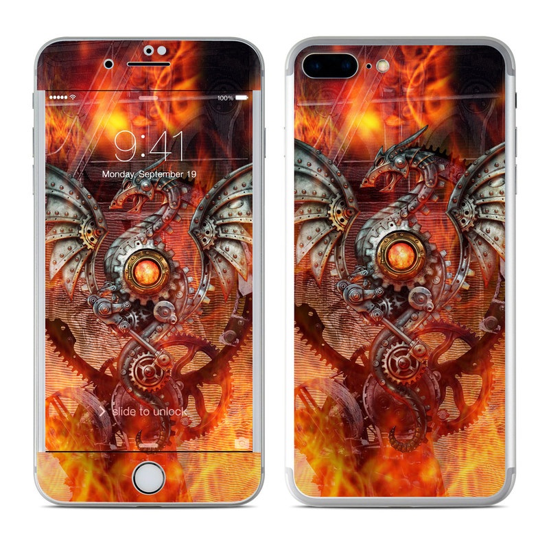 iPhone 7 Plus Skin design of Dragon, Demon, Cg artwork, Illustration, Fictional character, Fractal art, Flame, Art, Mythology, Supernatural creature with red, black, orange, pink, green colors
