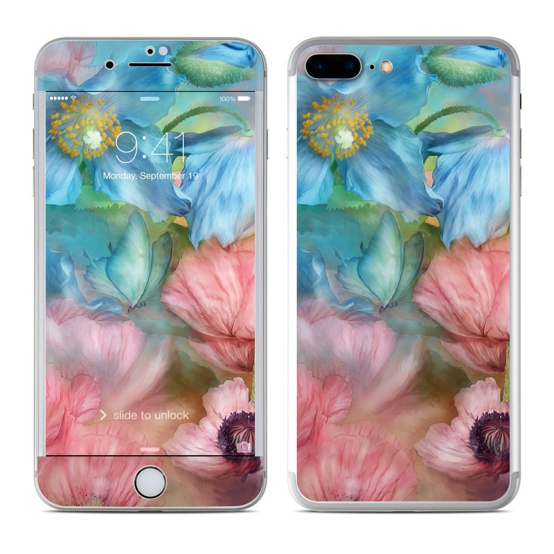 iPhone 7 Plus Skin design of Flower, Petal, Watercolor paint, Painting, Plant, Flowering plant, Pink, Botany, Wildflower, Still life, with gray, blue, black, red, green colors