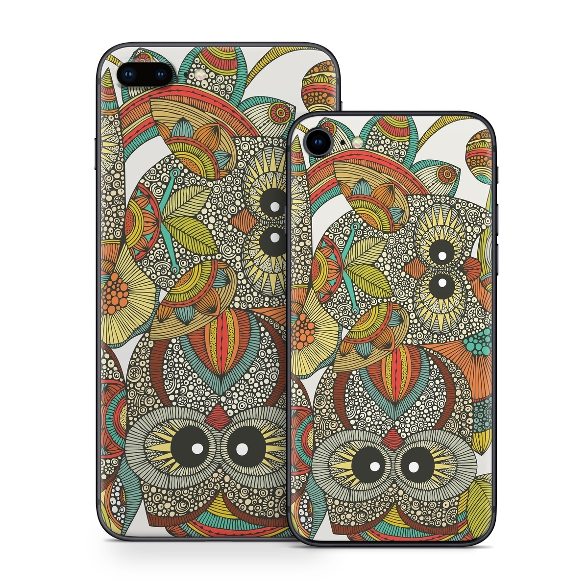 iPhone 8 Series Skin design of Owl, Pattern, Visual arts, Art, Design, Textile, Illustration, Motif, Bird, with white, green, orange, yellow, blue, red colors
