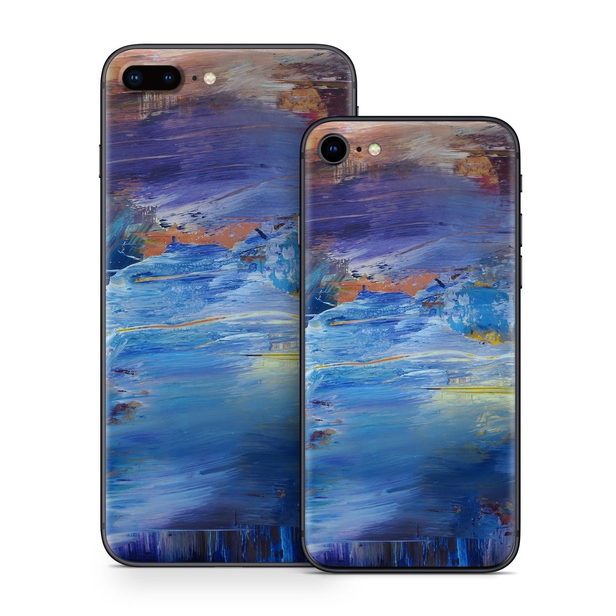 iPhone 8 Series Skin design of Painting, Blue, Modern art, Acrylic paint, Sky, Watercolor paint, Art, Visual arts, Paint, Electric blue, with blue, purple, yellow, brown, orange, black colors