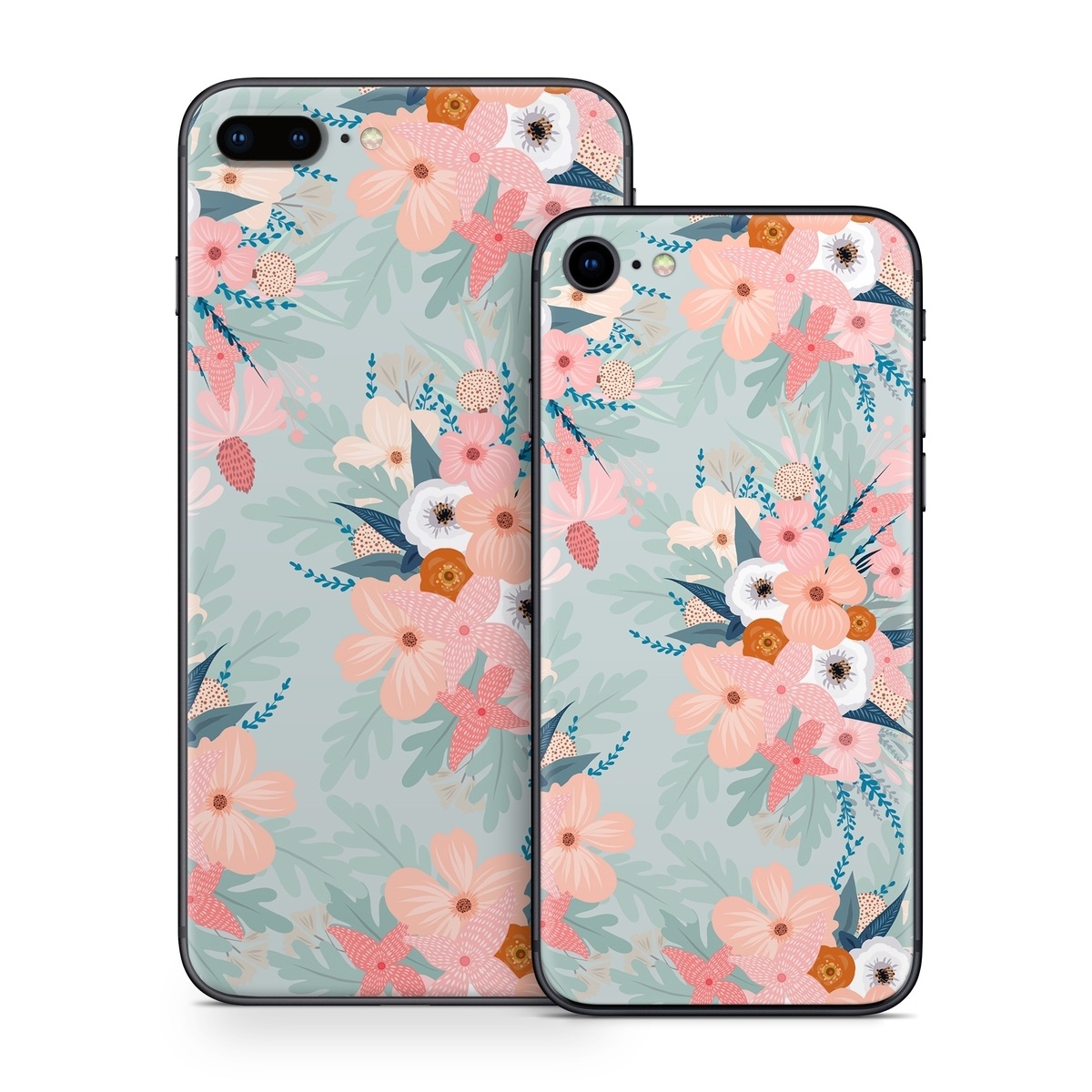 iPhone 8 Series Skin design of Pattern, Aqua, Wrapping paper, Textile, Design, Floral design, Wildflower, Plant, Pedicel, Blossom, with pink, red, blue, white colors