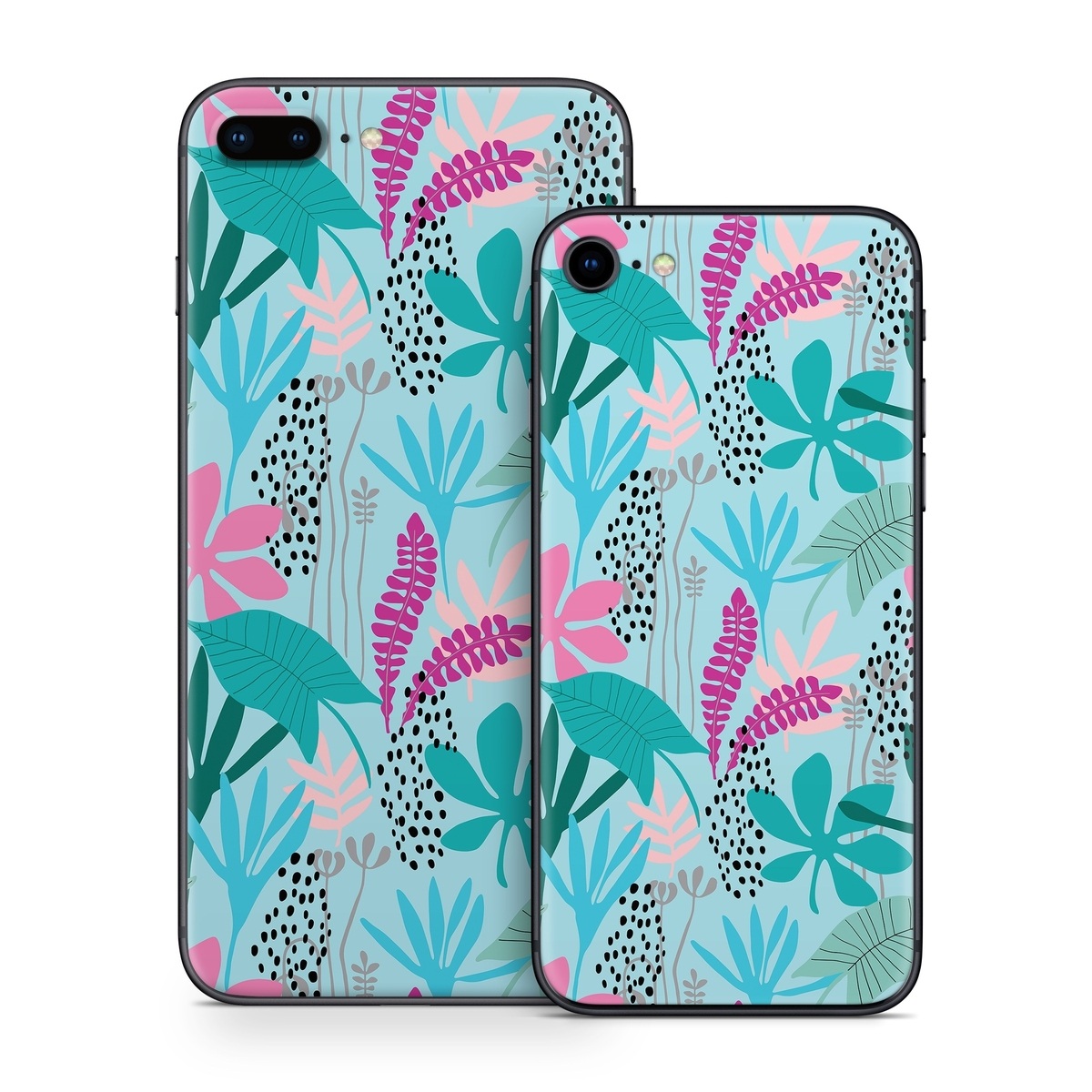 iPhone 8 Series Skin design of White, Leaf, Botany, Green, Textile, Branch, Organism, Plant, Font, Pink, with blue, green, pink, purple, black, gray colors