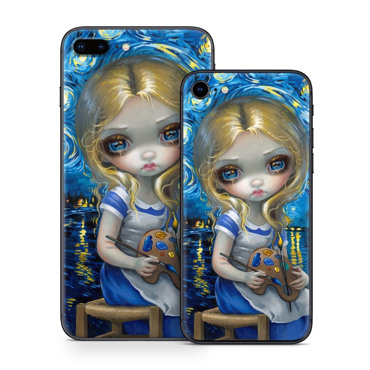 iPhone 8 Series Skin design of Blue, Illustration, Cg artwork, Doll, Art, Acrylic paint, Painting, Toy, Fictional character, Visual arts, with blue, yellow, white, brown, red colors