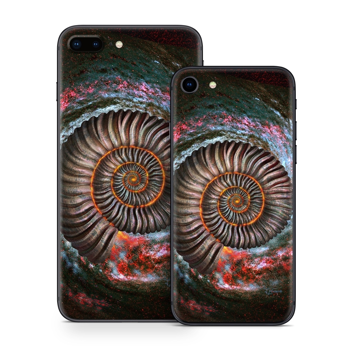 iPhone 8 Series Skin design of Spiral, Fractal art, Vortex, Circle, Art, Ammonoidea, with black, brown, red, white, blue, green colors