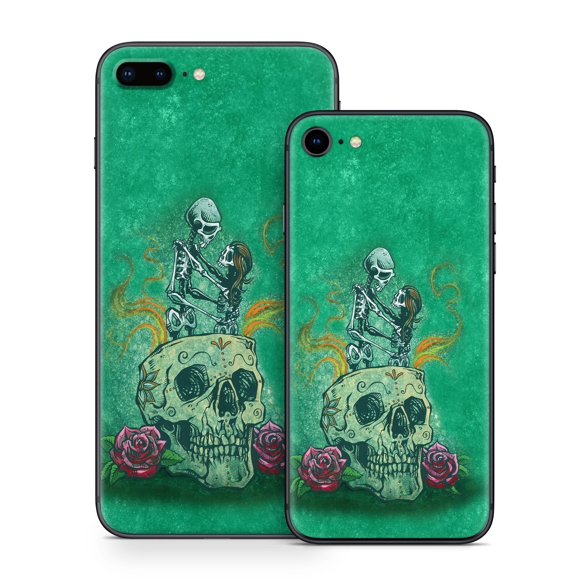 iPhone 8 Series Skin design of Bone, Skull, Aqua, Pattern, Electric blue, Fashion accessory, Font, Fictional character, Art, Grass, with green, pink, red, yellow, orange, white, gray colors