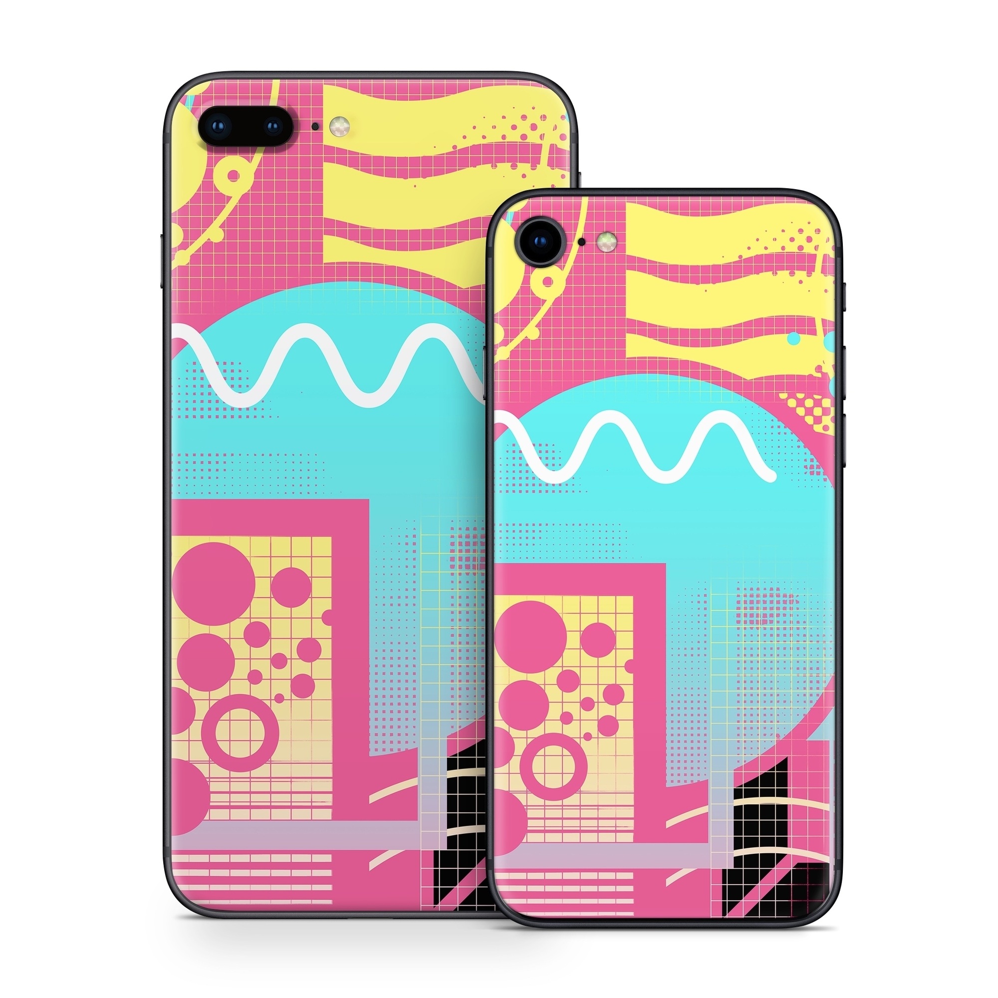iPhone 8 Series Skin design of Textile, Organism, Font, Art, Pink, Rectangle, Line, Aqua, Magenta, Circle, with pink, yellow, blue, black, white colors
