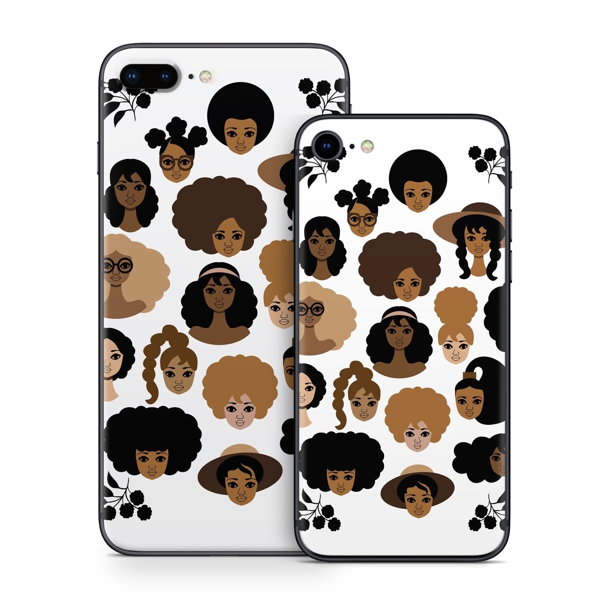 iPhone 8 Series Skin design of Hair, People, Facial expression, Hairstyle, Cartoon, Head, Afro, Clip art, Font, Black hair, with black, brown, white colors