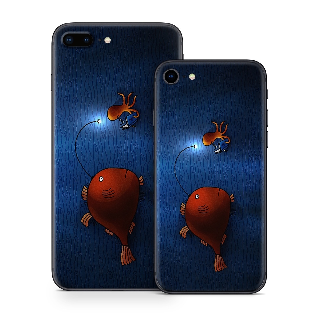iPhone 8 Series Skin design of Deep sea fish, Anglerfish, Illustration, Fish, Animation, Art, with blue, red colors
