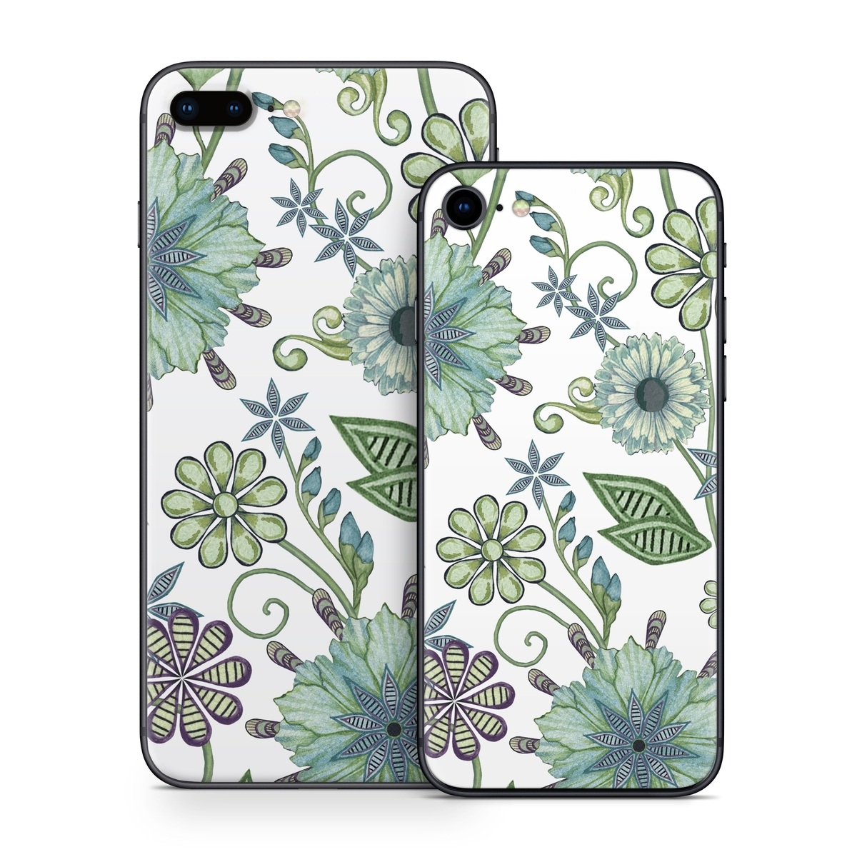 iPhone 8 Series Skin design of Green, Pattern, Flower, Botany, Plant, Leaf, Design, Wildflower, with white, green, blue colors