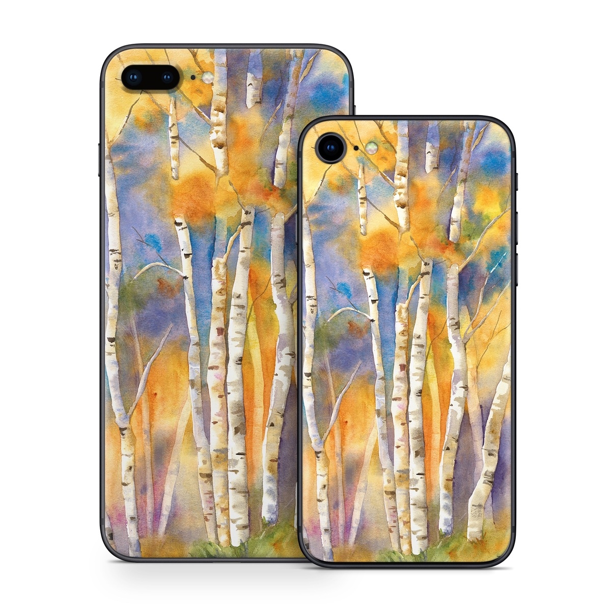 iPhone 8 Series Skin design of Canoe birch, Watercolor paint, Tree, Birch, Woody plant, Painting, Plant, Birch family, Paint, Trunk, with orange, yellow, green, white, purple, blue colors