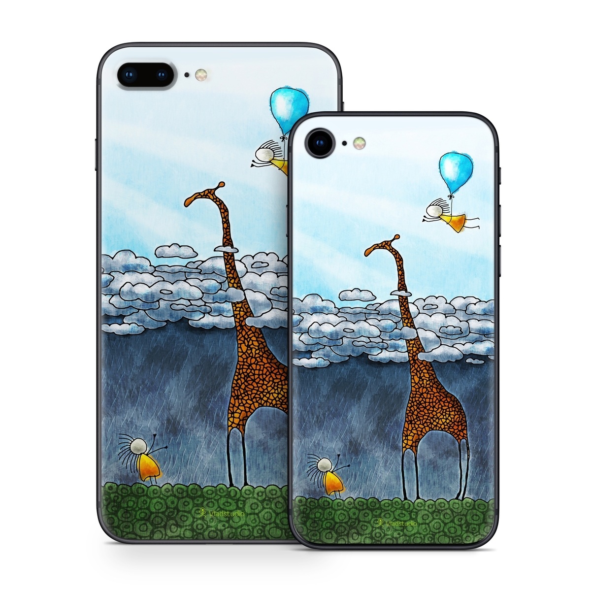 iPhone 8 Series Skin design of Giraffe, Sky, Tree, Water, Branch, Giraffidae, Illustration, Cloud, Grassland, Bird, with blue, gray, yellow, green colors