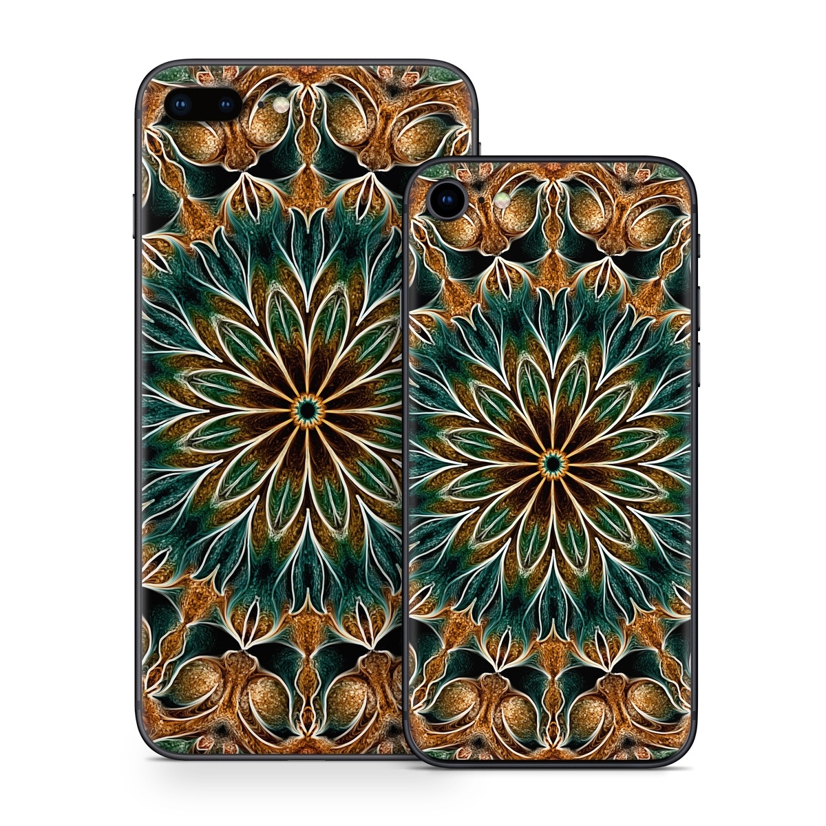 iPhone 8 Series Skin design of Pattern, Symmetry, Textile, Art, Psychedelic art, Tapestry, Design, Visual arts, Kaleidoscope, Motif, with green, orange, yellow, brown, red colors