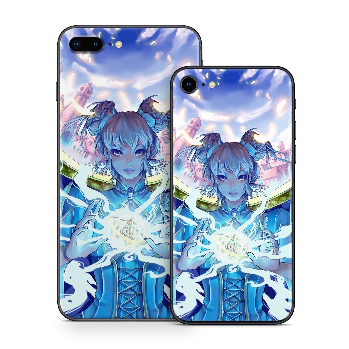 iPhone 8 Series Skin design of Cg artwork, Anime, Cartoon, Sky, Long hair, Illustration, Fictional character, Black hair, Art, with blue, purple, pink, white, yellow colors