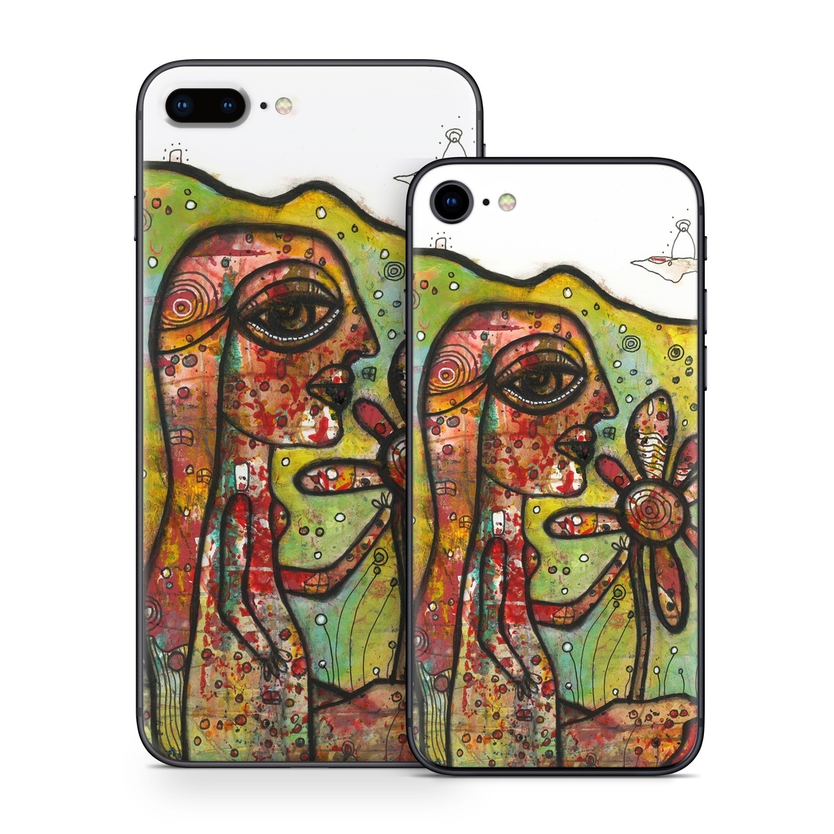 iPhone 8 Series Skin design of Modern art, Art, Painting, Acrylic paint, Psychedelic art, Visual arts, Watercolor paint, Illustration, Paint, Style, with green, black, red, white, orange, yellow colors