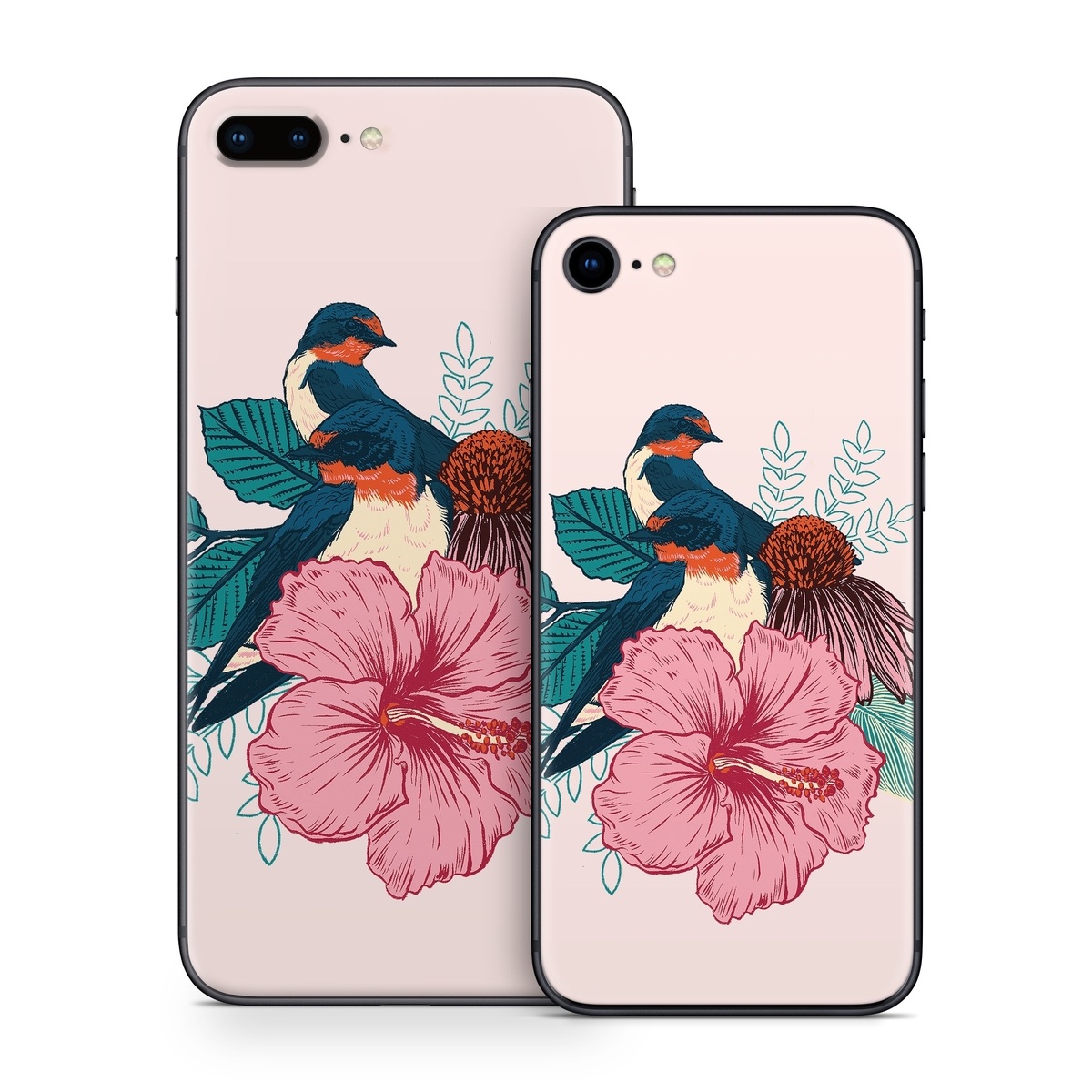 iPhone 8 Series Skin design of Bird, Hawaiian hibiscus, Hibiscus, Illustration, Chinese hibiscus, Botany, Flower, Plant, Malvales, Mallow family, with blue, pink, green, yellow, red colors
