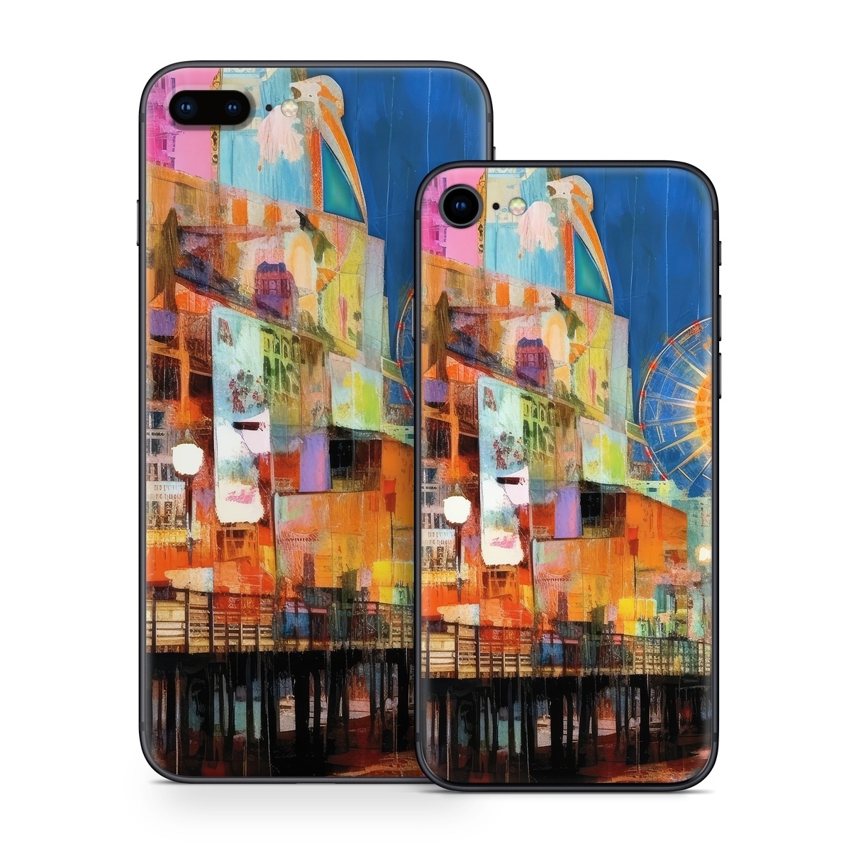 iPhone 8 Series Skin design of Light, World, Window, Tints and shades, City, Art, Leisure, Event, Building, Ferris wheel, with black, white, blue, pink, red, orange, yellow, green colors