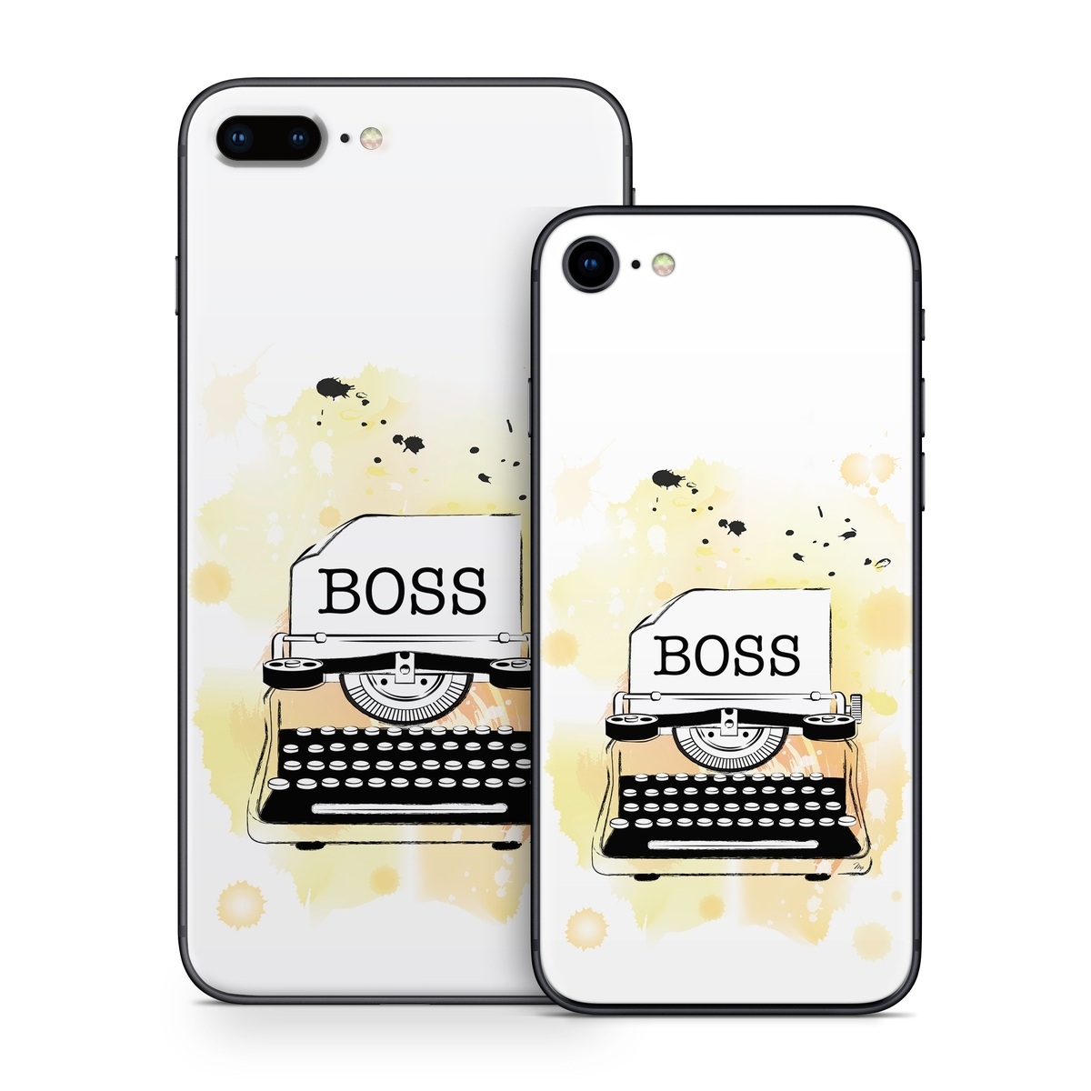 iPhone 8 Series Skin design of Font, Office equipment, Art, Typewriter, Illustration, Graphics, Painting, Eyelash, Logo, Line art, with white, black, yellow, orange colors