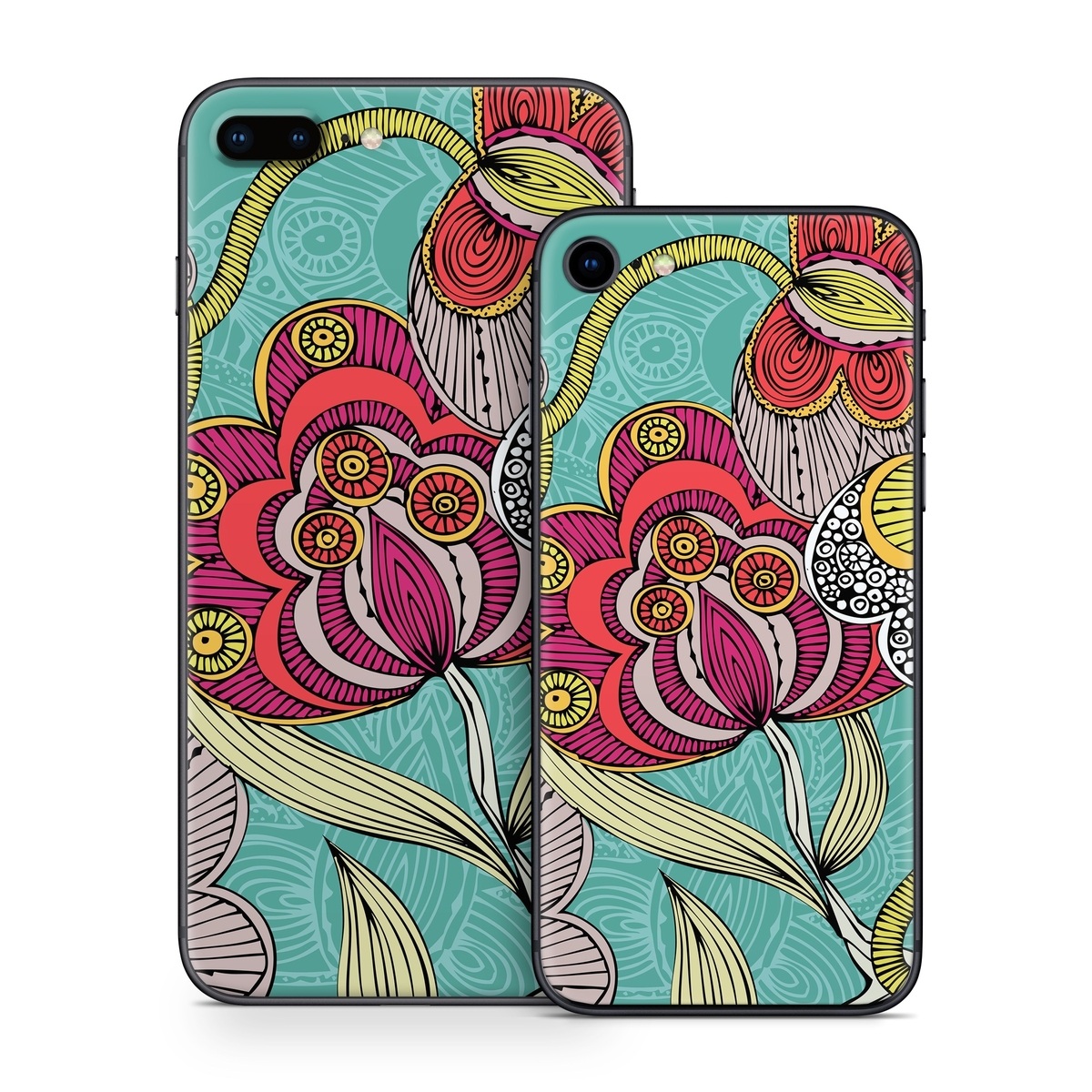 iPhone 8 Series Skin design of Pattern, Visual arts, Motif, Floral design, Design, Art, Plant, Flower, Organism, Textile, with red, yellow, blue, gray, pink colors