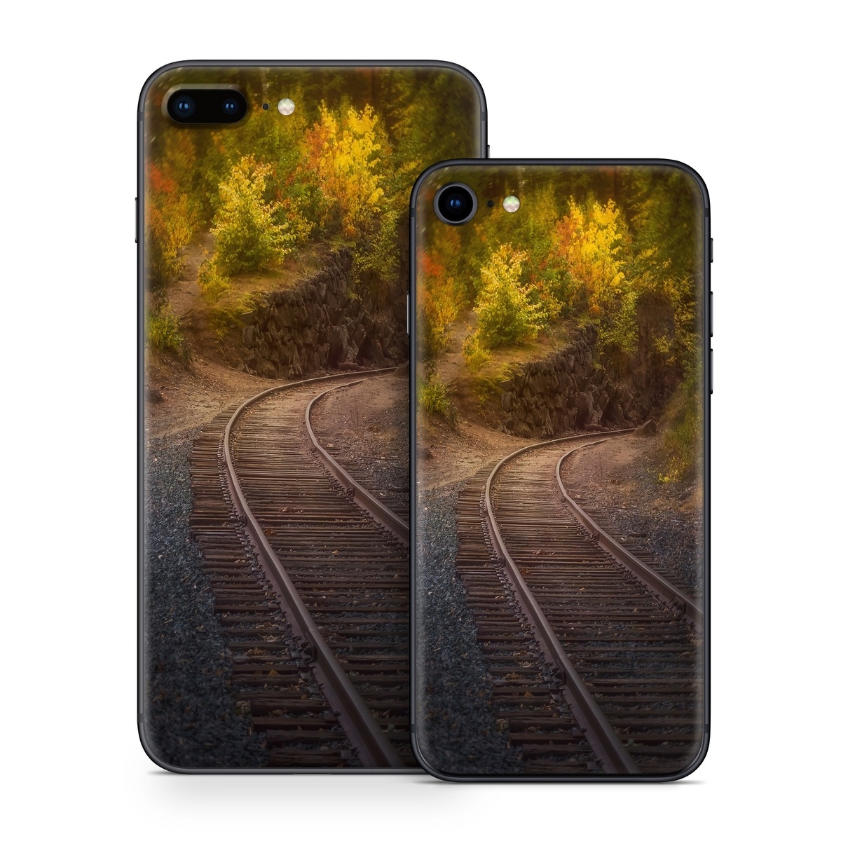 iPhone 8 Series Skin design of Plant, Wood, Branch, Natural landscape, Road surface, Track, Grass, Tree, Thoroughfare, Twig, with brown, gray, yellow, orange, green, red colors