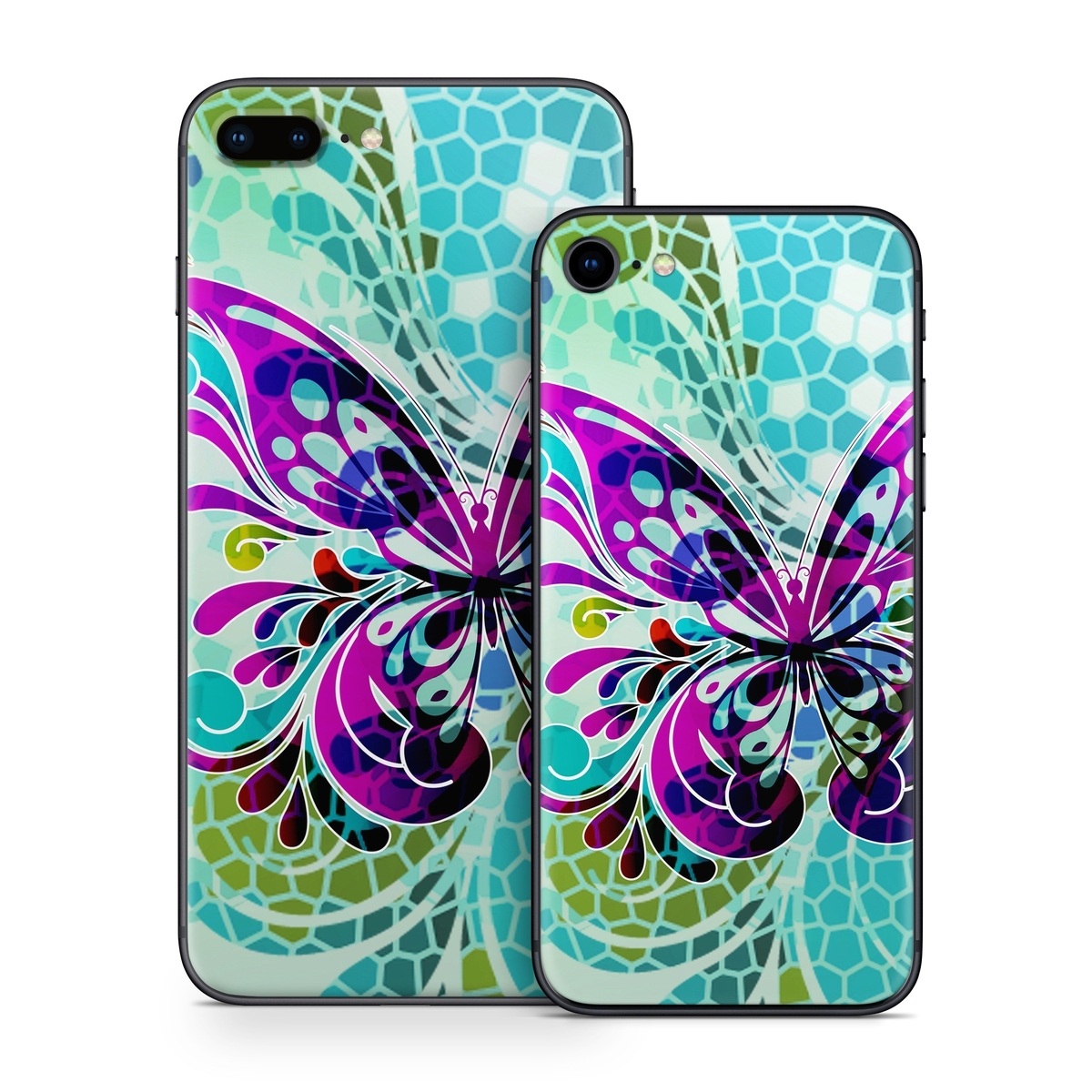 iPhone 8 Series Skin design of Butterfly, Pattern, Insect, Moths and butterflies, Purple, Graphic design, Design, Pollinator, Visual arts, Magenta, with blue, green, purple colors