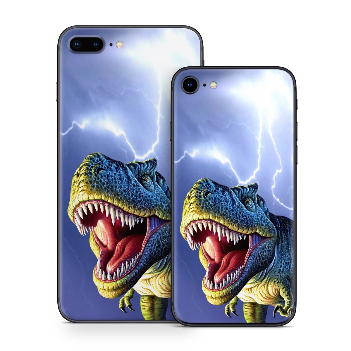 iPhone 8 Series Skin design of Dinosaur, Extinction, Tyrannosaurus, Velociraptor, Tooth, Jaw, Organism, Mouth, Fictional character, Art, with blue, green, yellow, orange, red colors