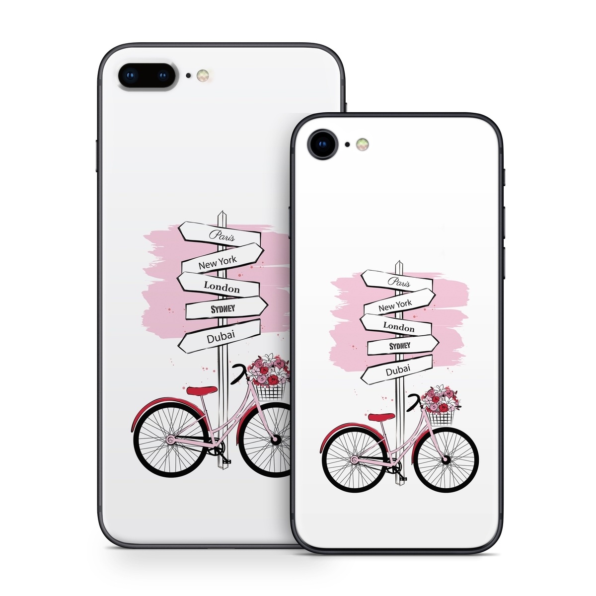 iPhone 8 Series Skin design of Bicycle, Wheel, Bicycles--Equipment and supplies, Tire, Bicycle tire, Bicycle frame, Bicycle wheel, Bicycle wheel rim, Vehicle, Bicycle fork, with white, black, red, pink colors