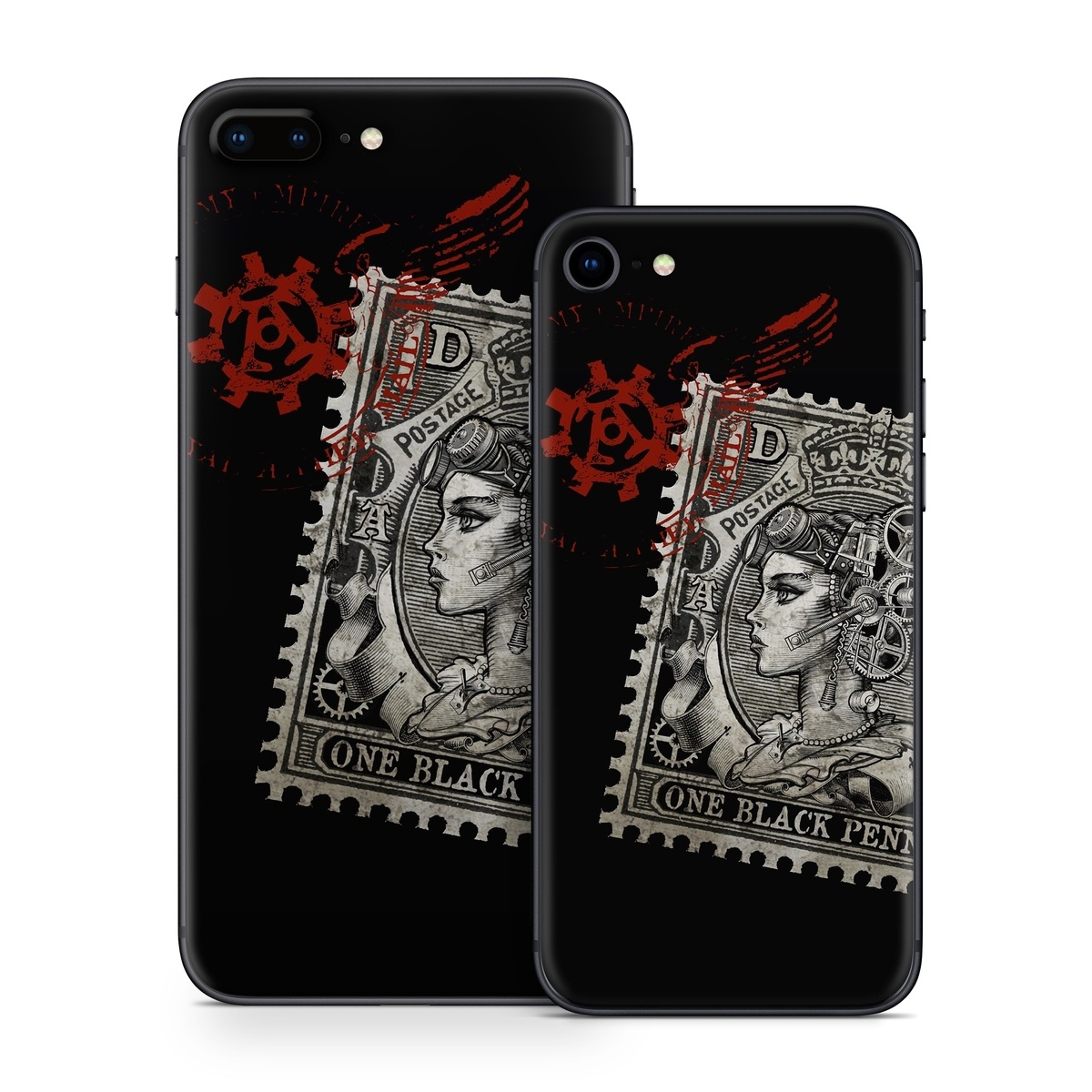 iPhone 8 Series Skin design of Font, Postage stamp, Illustration, Drawing, Art, with black, gray, red colors