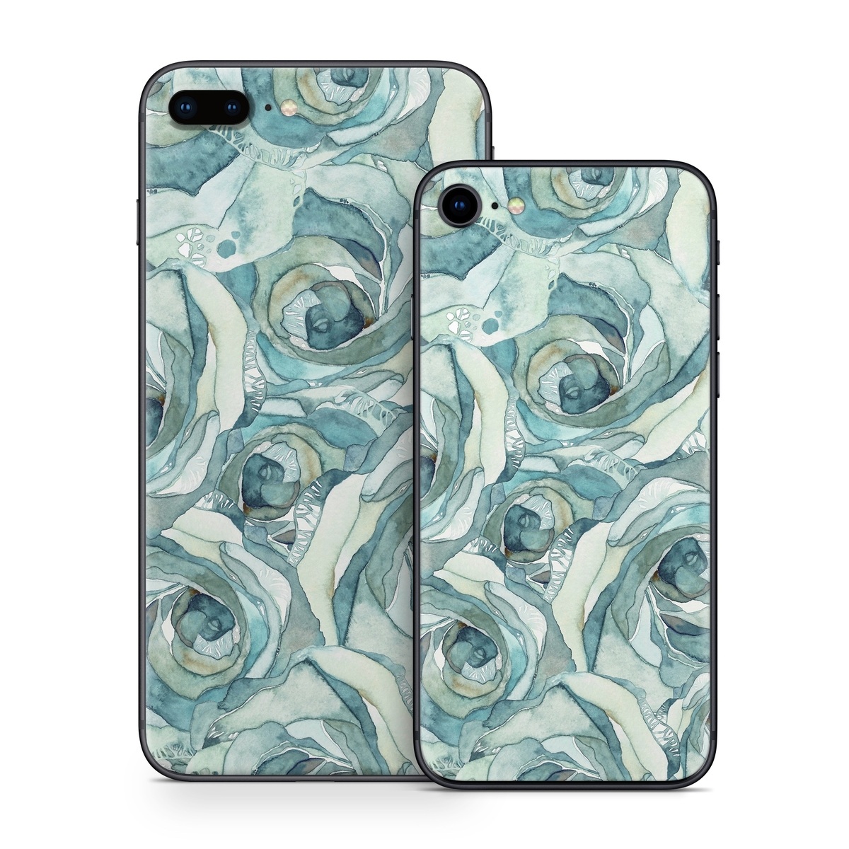 iPhone 8 Series Skin design of Rose, Garden roses, Blue, Flower, Rose family, Watercolor paint, Plant, Pattern, Rosa × centifolia, Blue rose, with blue, green colors
