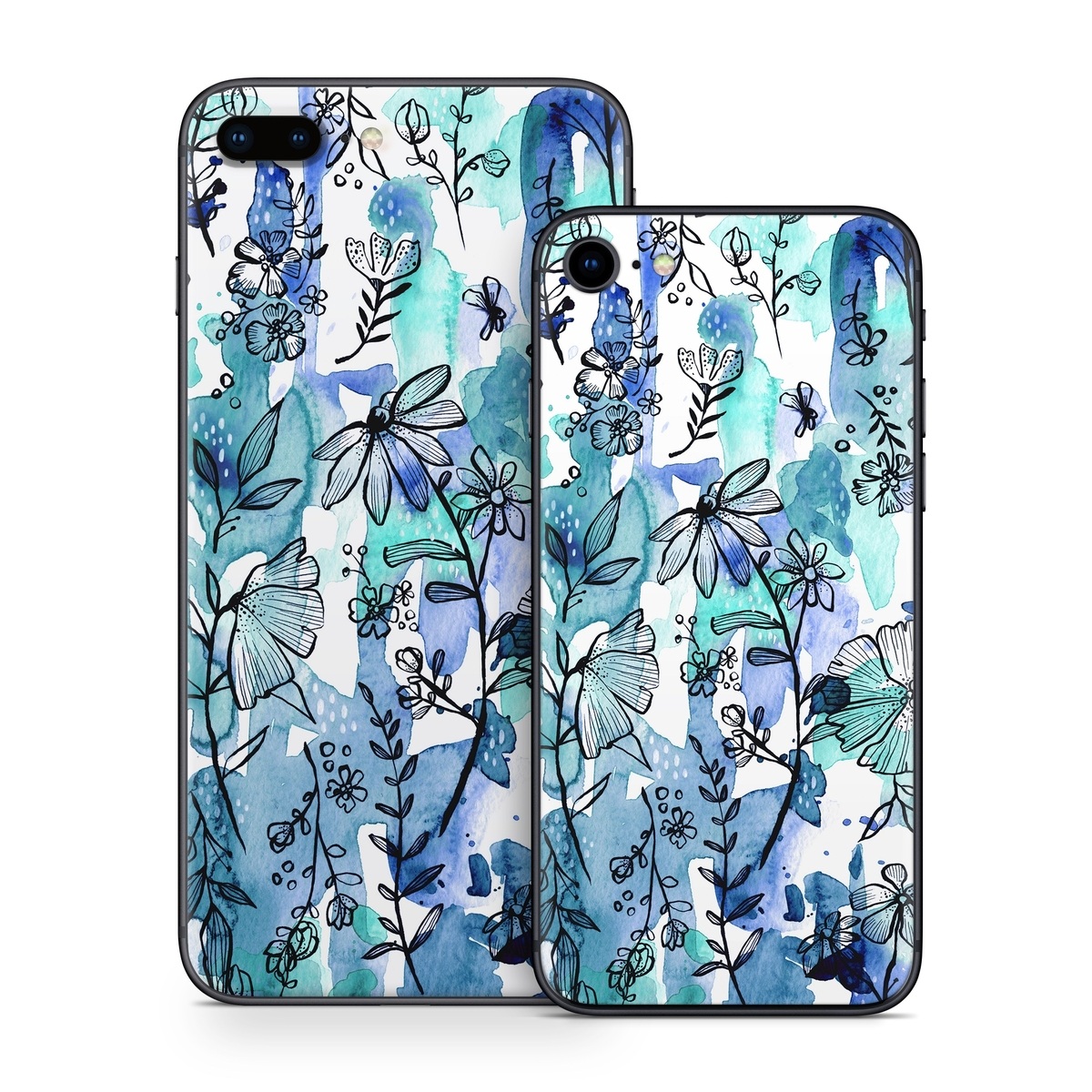 iPhone 8 Series Skin design of Blue, Pattern, Turquoise, Aqua, Design, Textile, Wildflower, Plant, Wrapping paper, Gift wrapping, with blue, white, black, purple colors