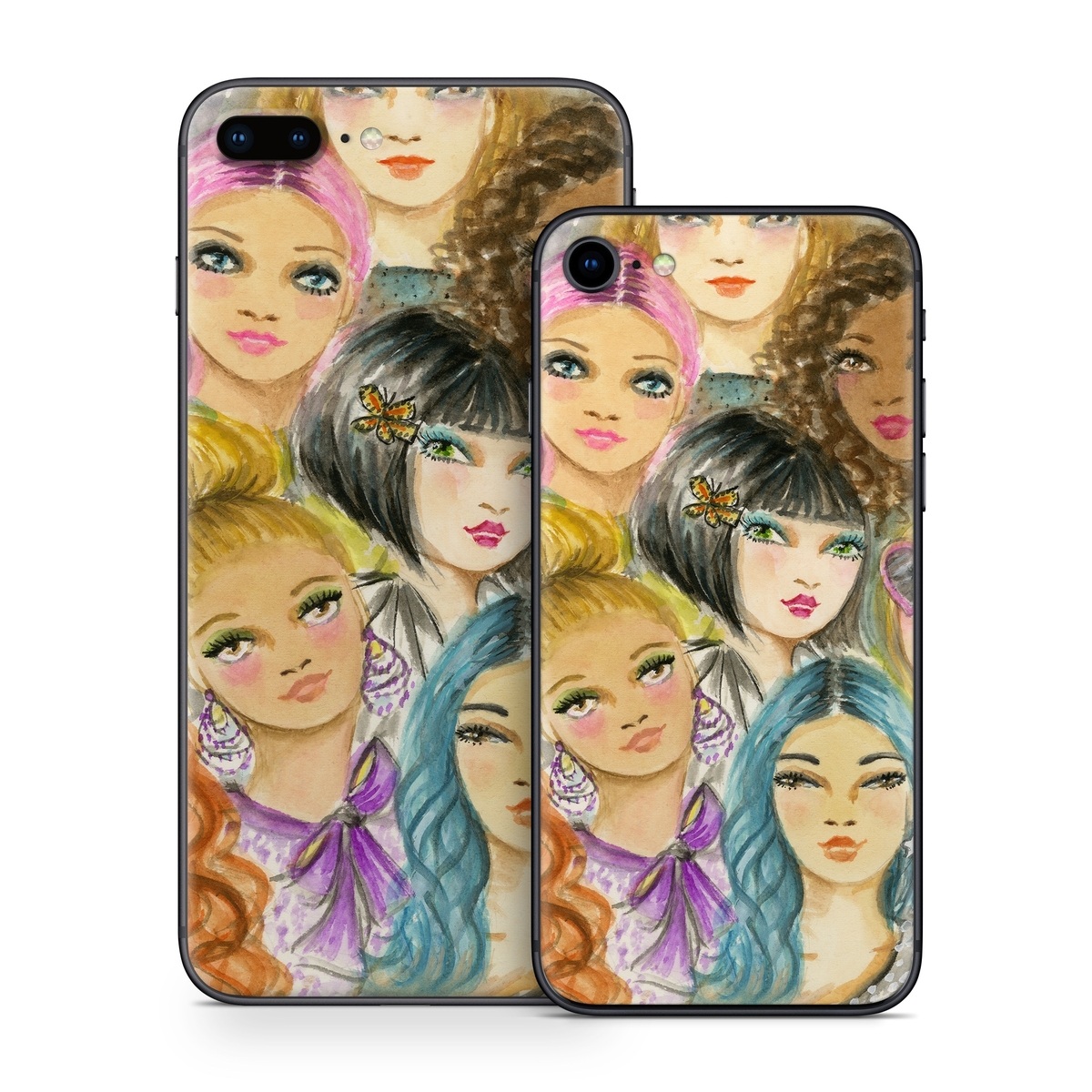 iPhone 8 Series Skin design of Face, Hair, Head, Art, Hair coloring, Cheek, Illustration, Human, Watercolor paint, Brown hair, with white, black, brown, yellow, purple, blue, pink colors
