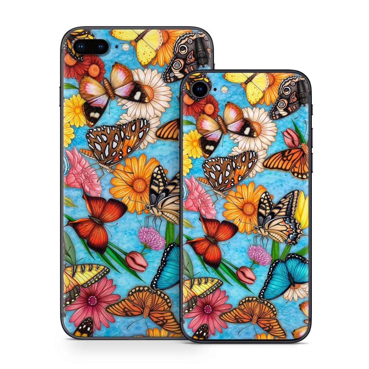 iPhone 8 Series Skin design of Cynthia (subgenus), Butterfly, Monarch butterfly, Moths and butterflies, Brush-footed butterfly, Pollinator, Insect, Pattern, Design, Organism, with blue, pink, orange, yellow, red colors