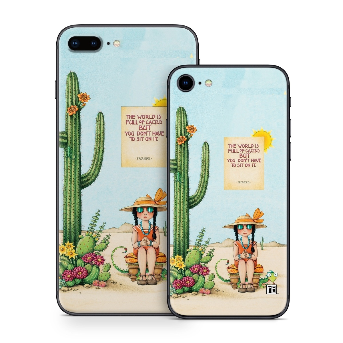 iPhone 8 Series Skin design of Cartoon, Cactus, Illustration, Animated cartoon, Plant, Vegetable, Fictional character, Art, with green, yellow, pink, orange, brown colors