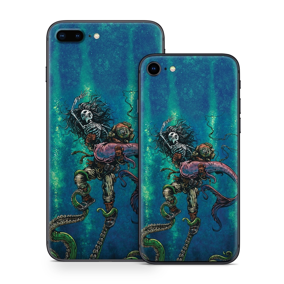 iPhone 8 Series Skin design of Water, Fluid, Underwater, Marine invertebrates, Marine biology, Electric blue, Liquid, Recreation, Underwater diving, Art, with blue, green, orange, purple, pink, black, white, gray colors